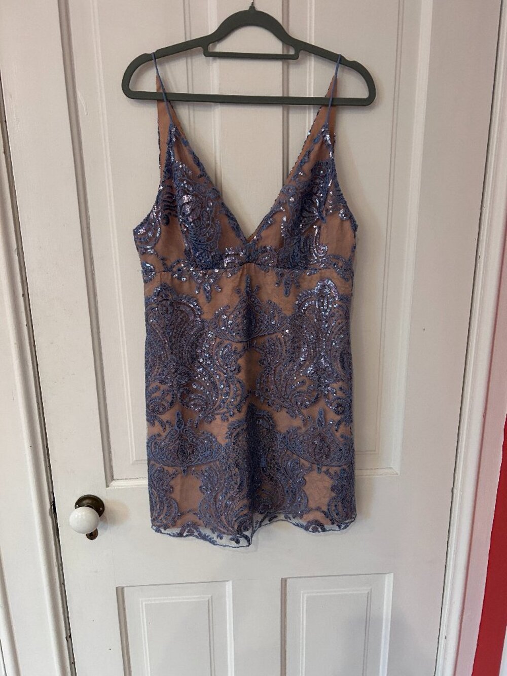 ree People Sequin Lace Slip Mini Dress Dusty Blue Nude V-Neck NWT Size 8